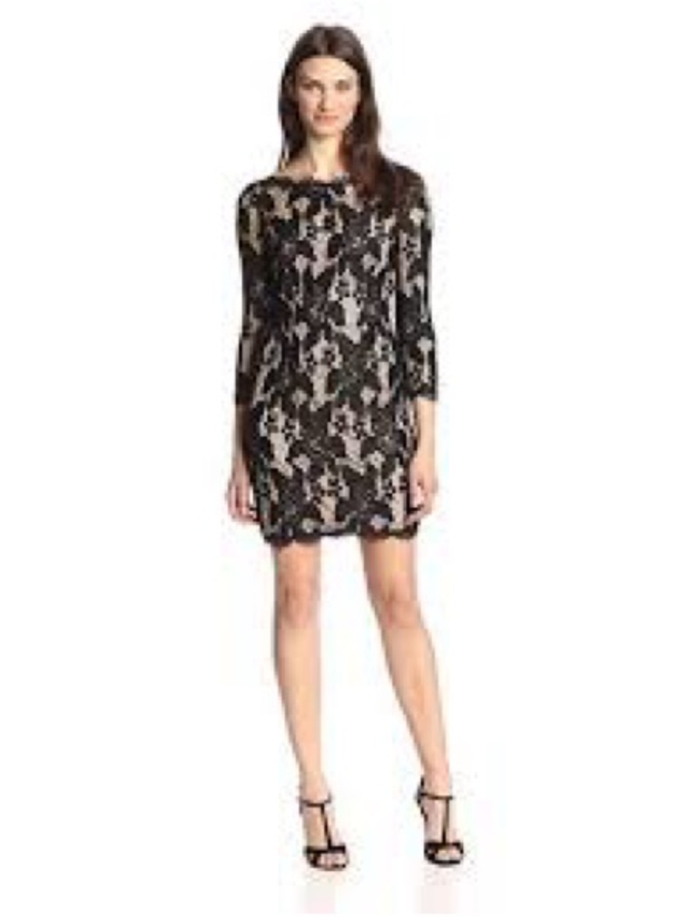 Adrianna Papell Black Lace Mini Dress with Nude Lining